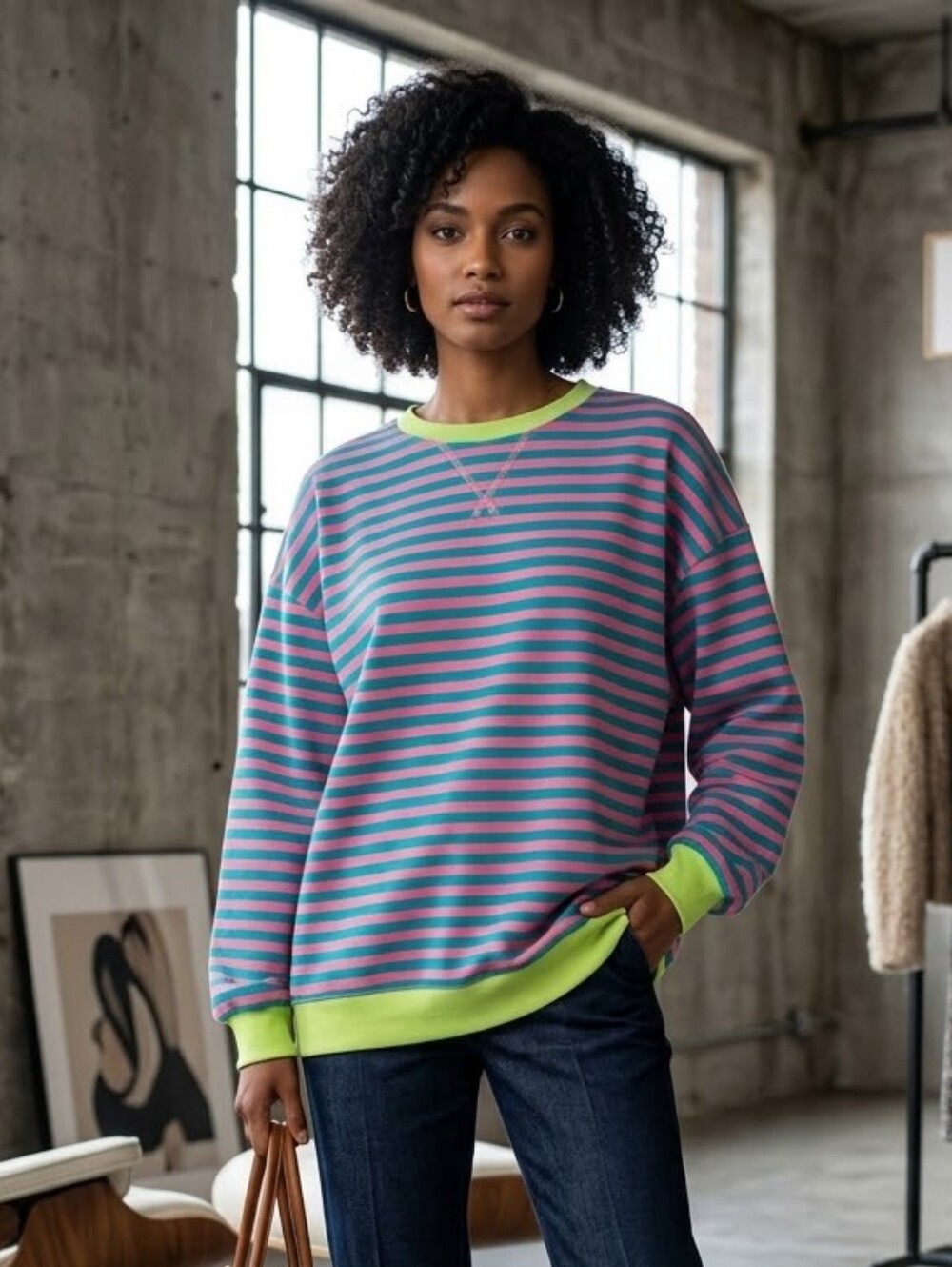 Oversized Pink & Teal Striped French Terry Sweatshirt XL Neon Trim Retro
